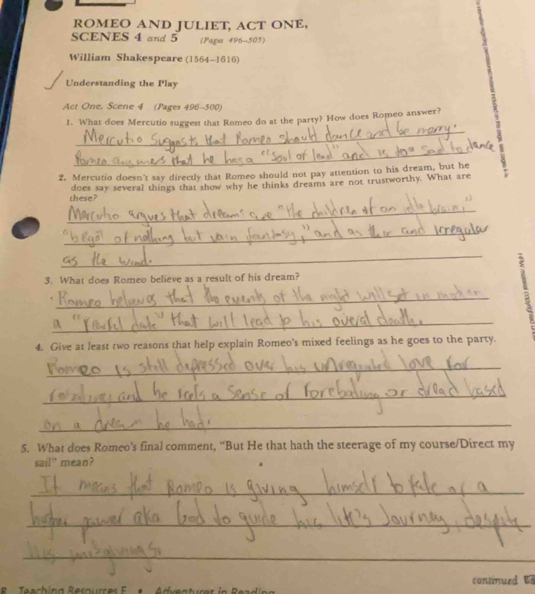 romeo and juliet, act one, scenes 4 and 5 (pages 496 - 505) william sha…