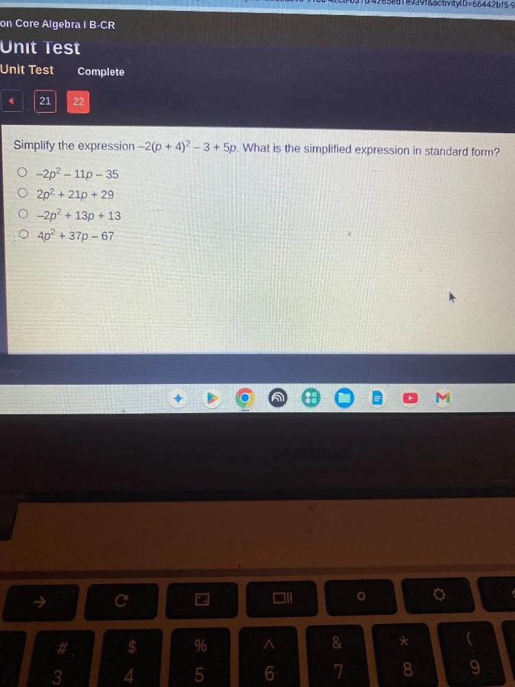 simplify the expression -2(p + 4)² - 3 + 5p. what is the simplified exp…