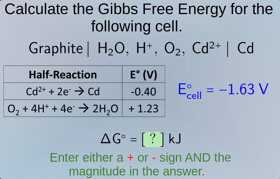 calculate the gibbs free energy for the following cell. graphite | h₂o,…