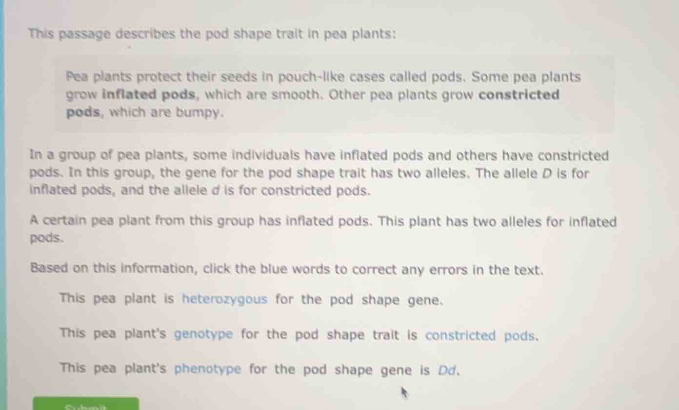 this passage describes the pod shape trait in pea plants: pea plants pr…