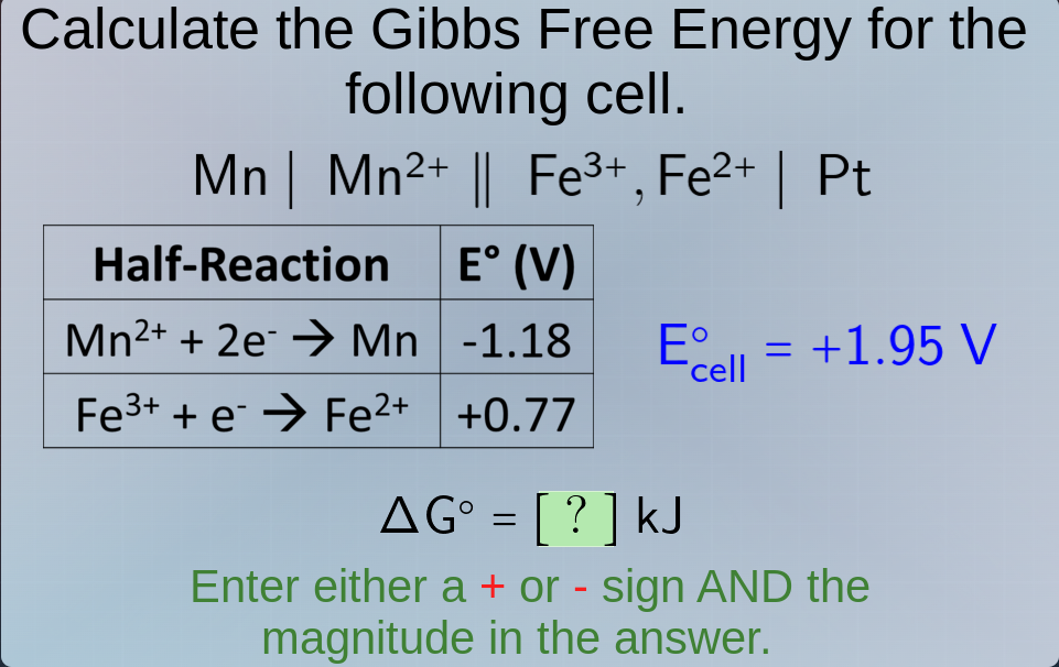 calculate the gibbs free energy for the following cell. mn | mn²⁺ || fe…