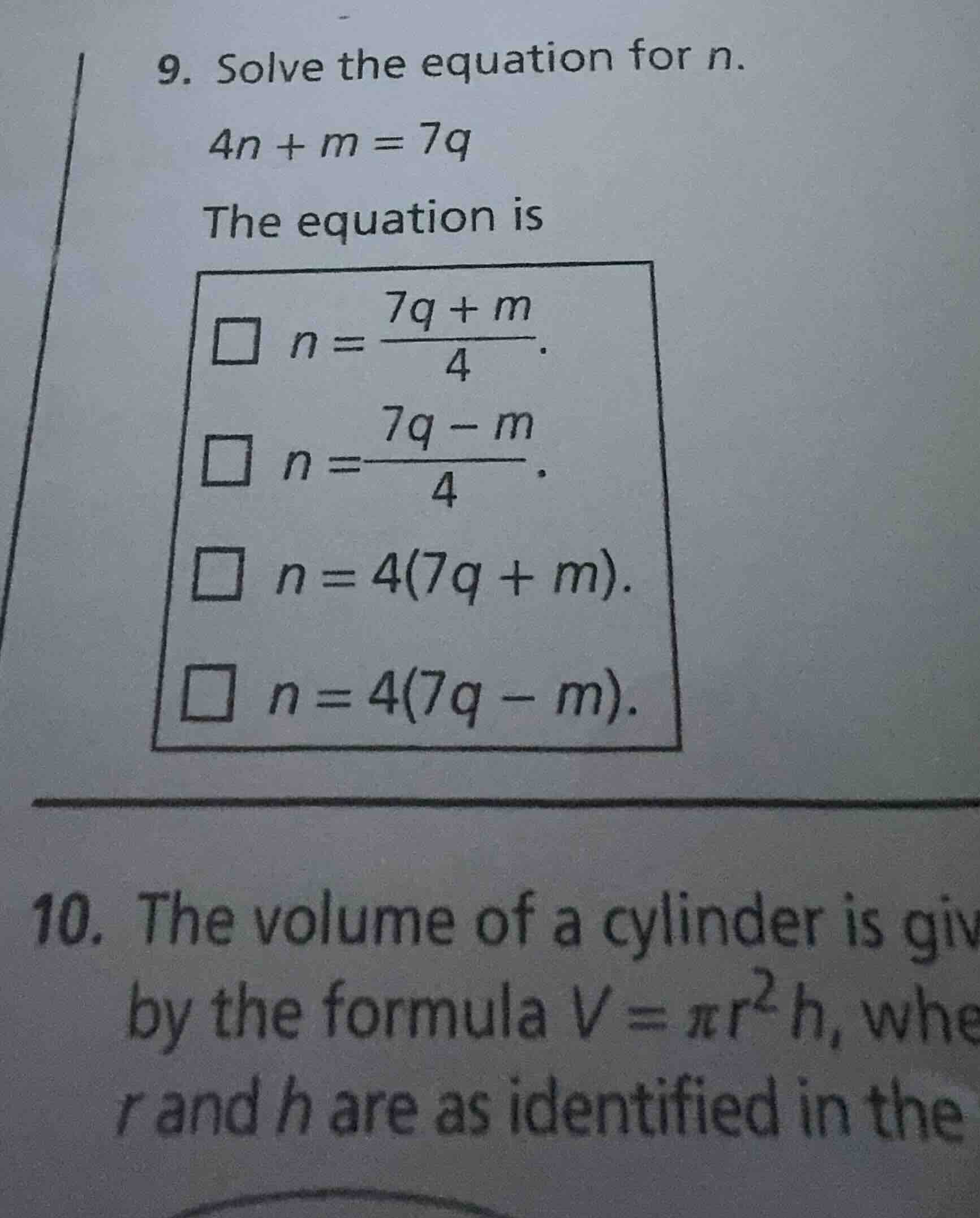 9. solve the equation for n. 4n + m = 7q the equation is □ $n = \\frac{…