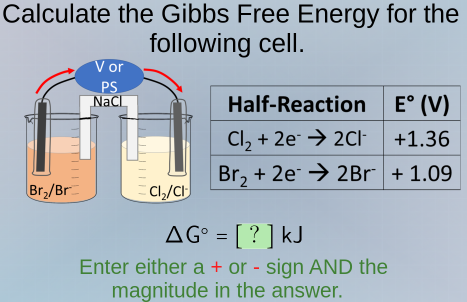 calculate the gibbs free energy for the following cell. half-reaction |…