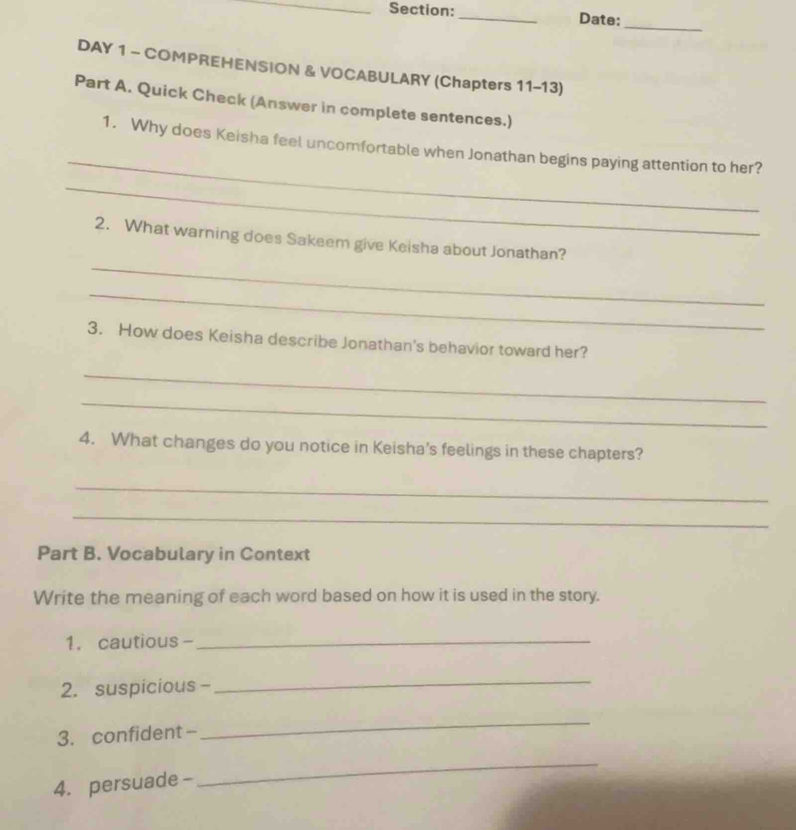 section: ________ date: ________ day 1 – comprehension & vocabulary (ch…