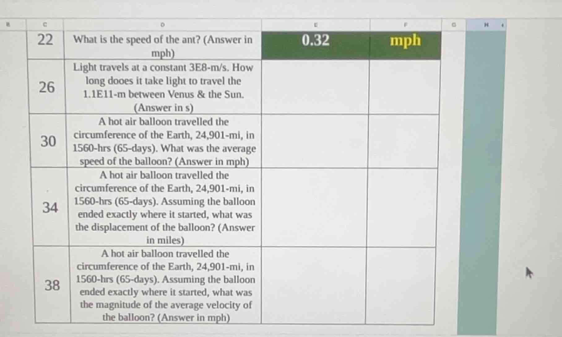 22 what is the speed of the ant? (answer in mph) 0.32 mph 26 light trav…