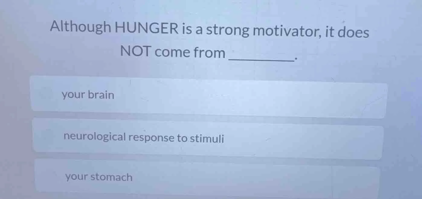 although hunger is a strong motivator, it does not come from _______. y…