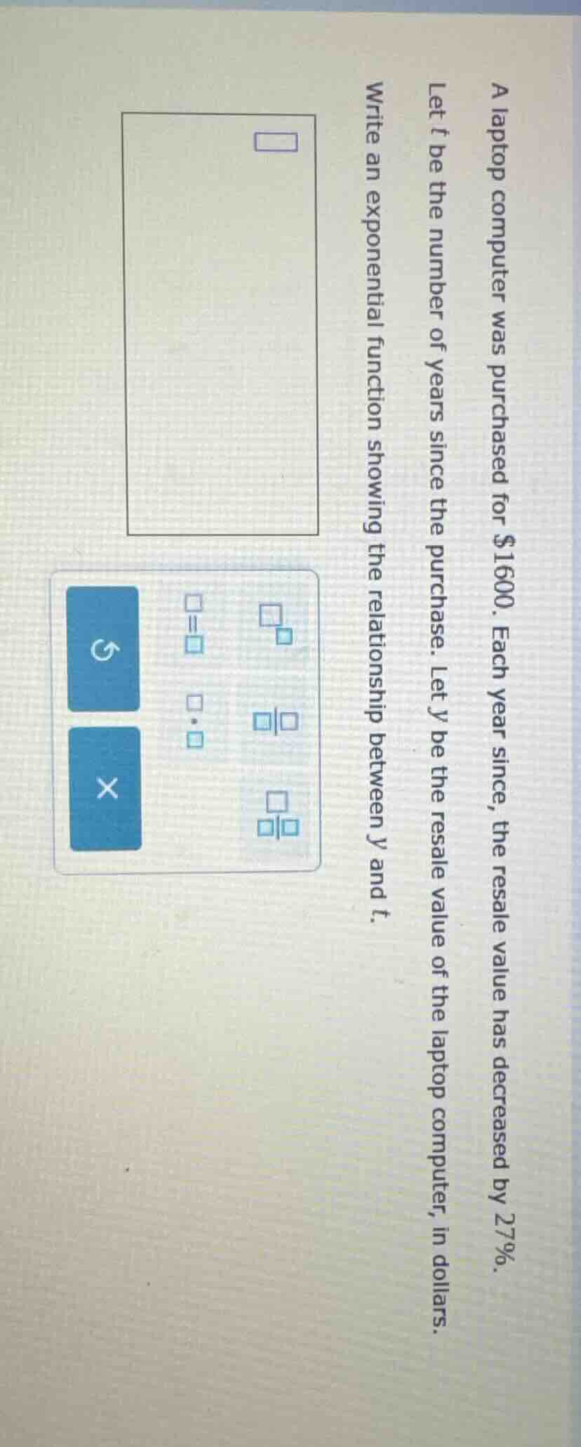 a laptop computer was purchased for $1600. each year since, the resale …