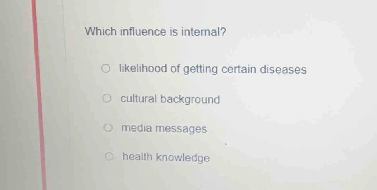 which influence is internal? ○ likelihood of getting certain diseases ○…