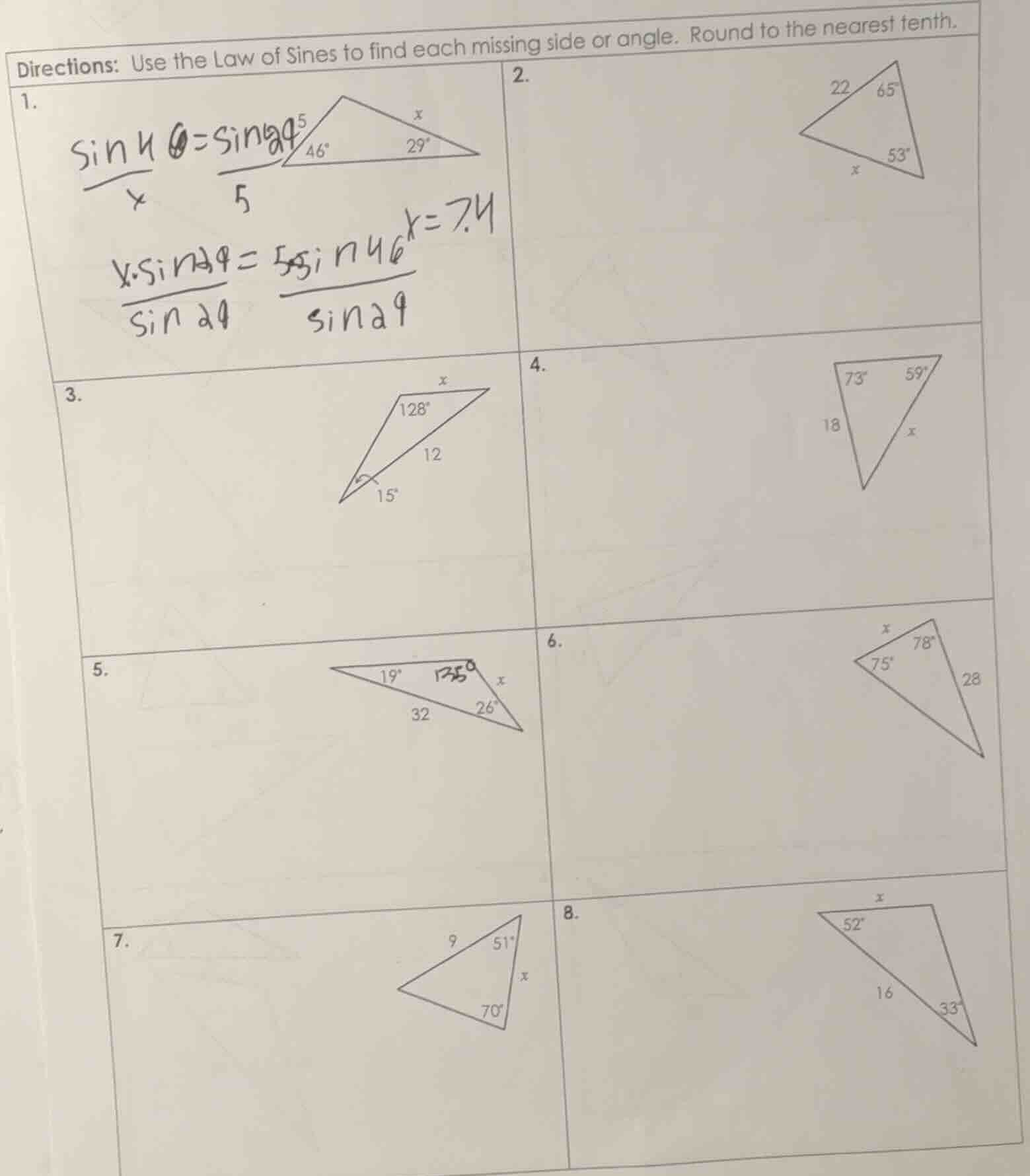 directions: use the law of sines to find each missing side or angle. ro…