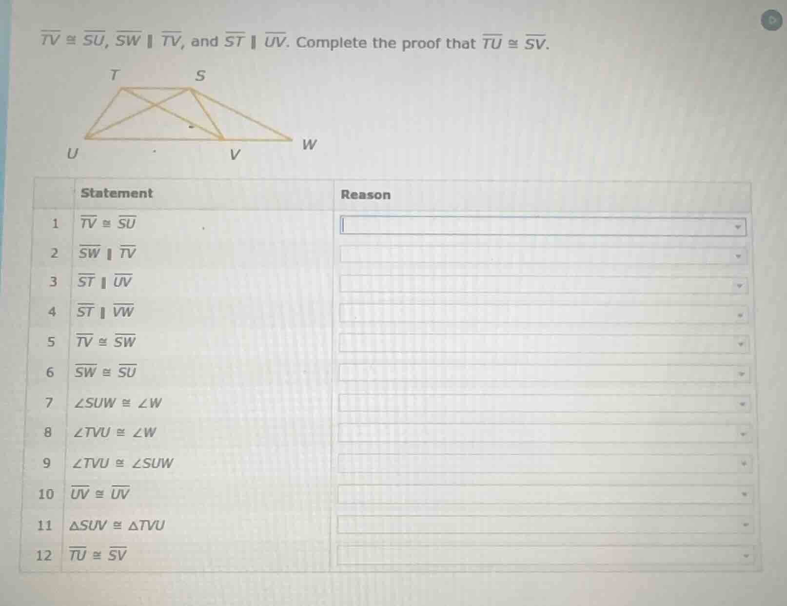 $overline{tv} cong overline{su}$, $overline{sw} parallel overline{tv}$,…