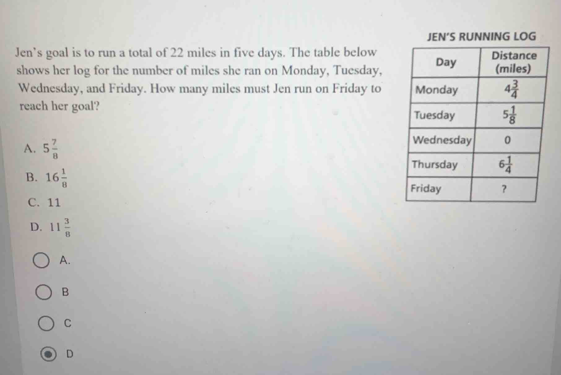 jen’s goal is to run a total of 22 miles in five days. the table below …