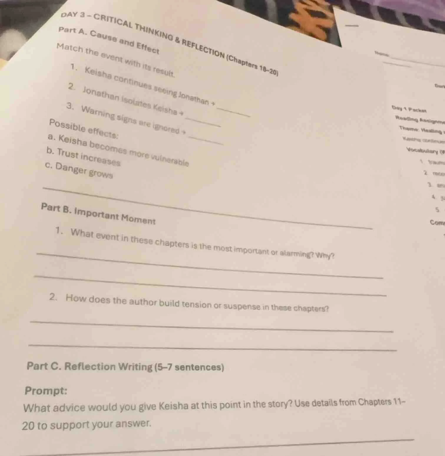 day 3 - critical thinking & reflection (chapters 18 - 20) part a. cause…