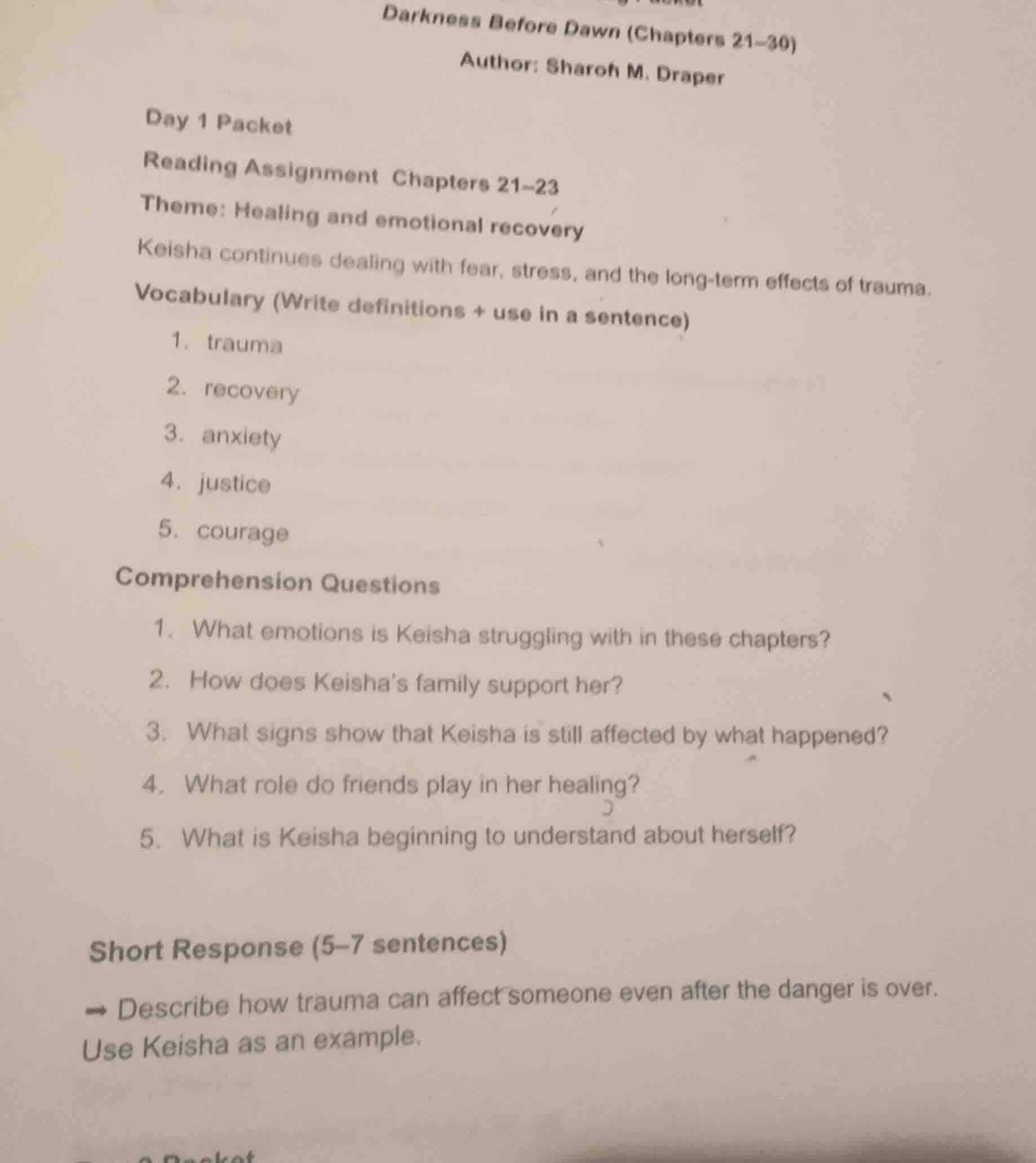 darkness before dawn (chapters 21–30) author: sharon m. draper day 1 pa…