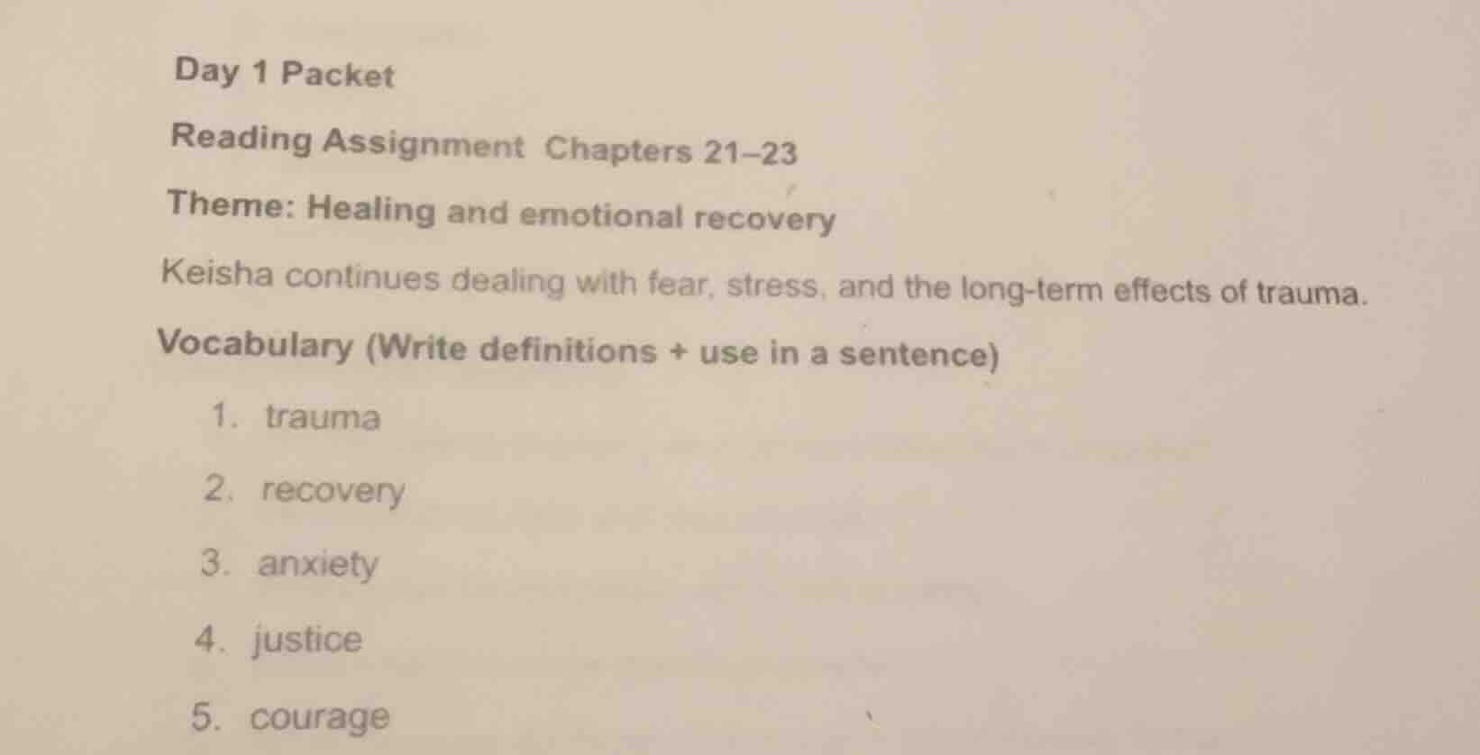 day 1 packet reading assignment chapters 21–23 theme: healing and emoti…