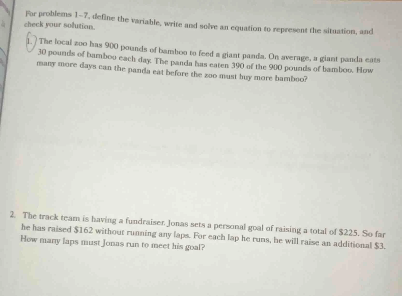 for problems 1–7, define the variable, write and solve an equation to r…