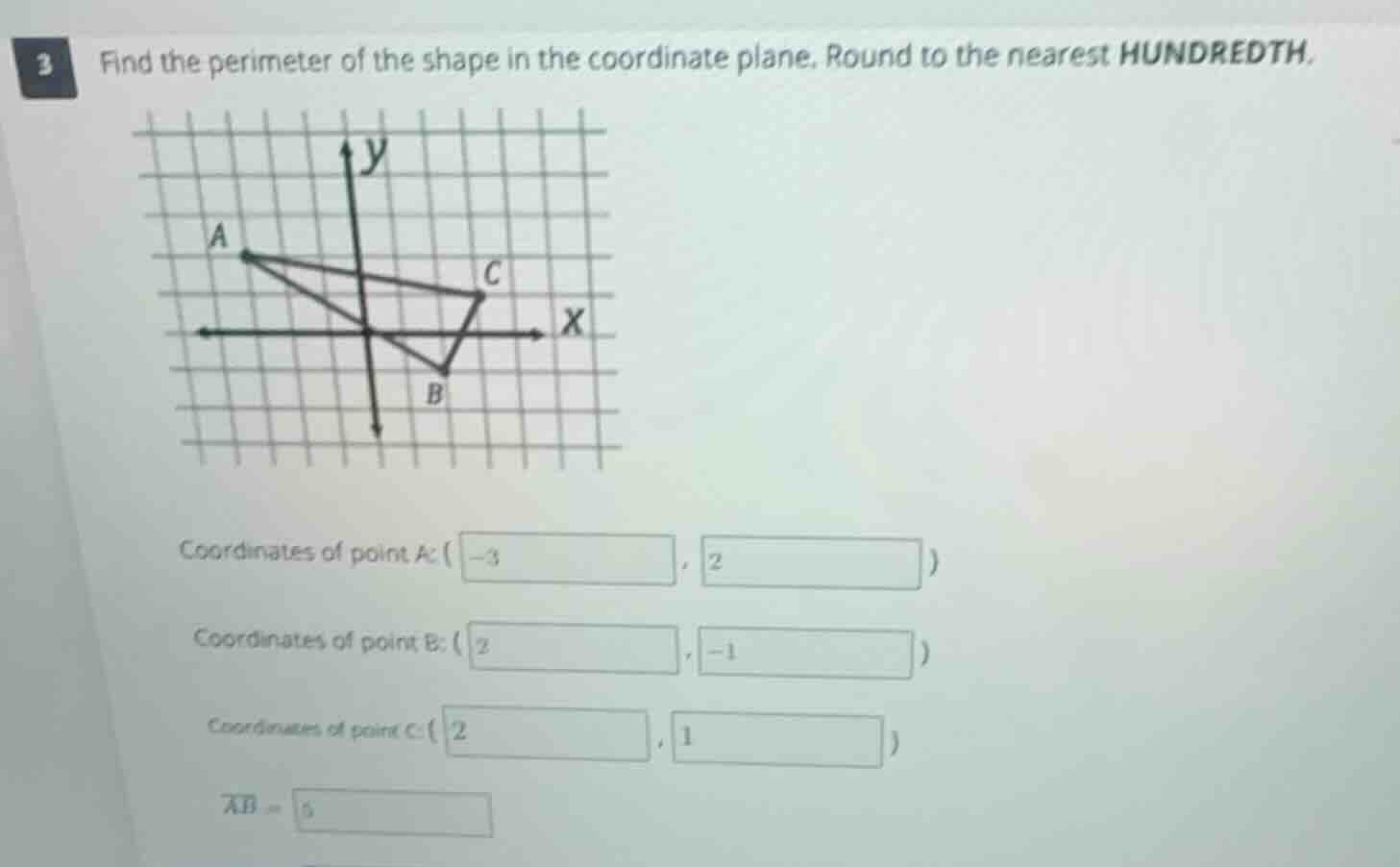 3 find the perimeter of the shape in the coordinate plane. round to the…
