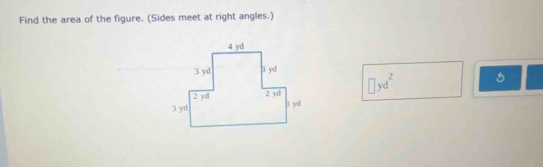 find the area of the figure. (sides meet at right angles.)
