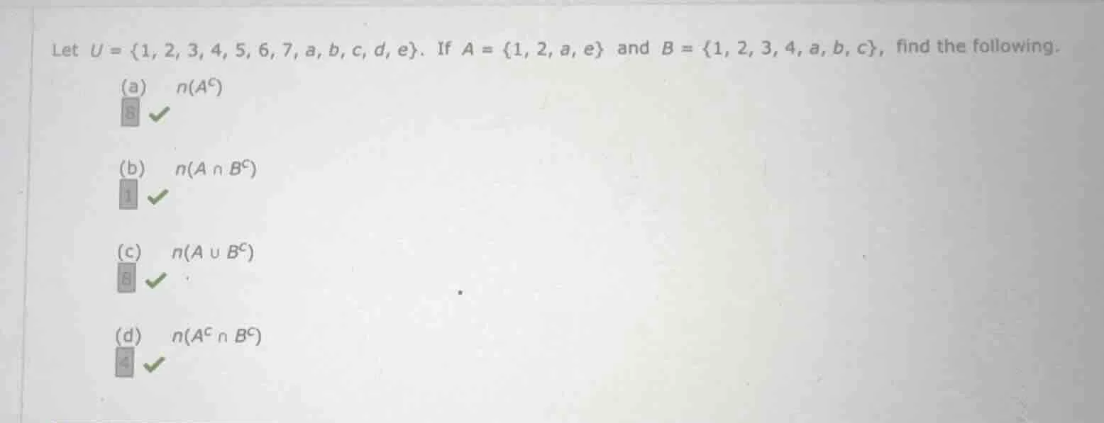 let ( u = {1, 2, 3, 4, 5, 6, 7, a, b, c, d, e} ). if ( a = {1, 2, a, e}…