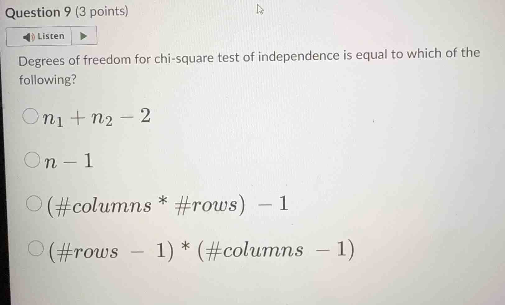 question 9 (3 points) listen degrees of freedom for chi - square test o…