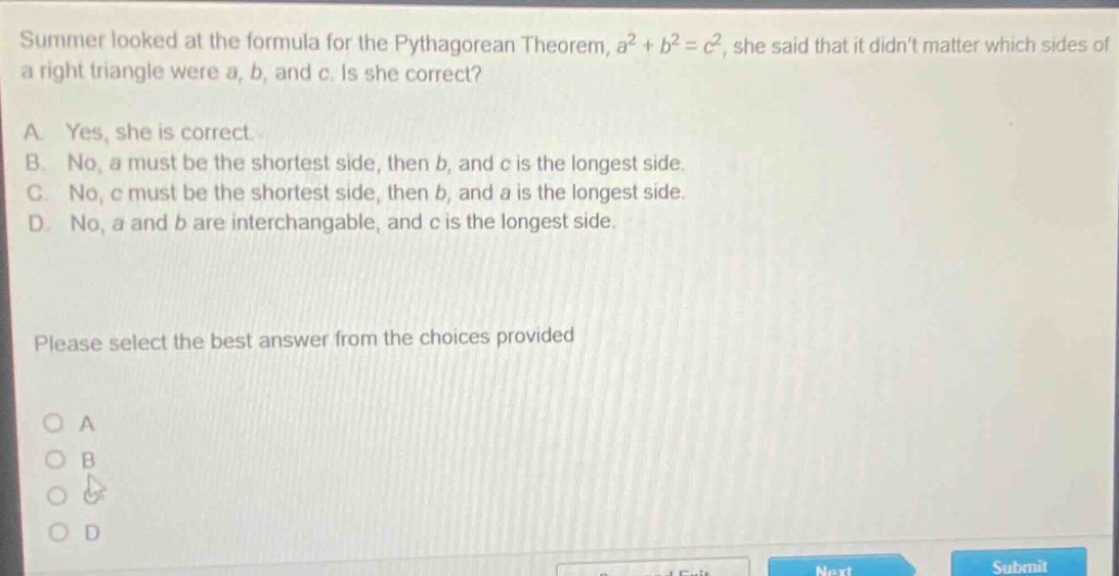 summer looked at the formula for the pythagorean theorem, $a^2 + b^2 = …