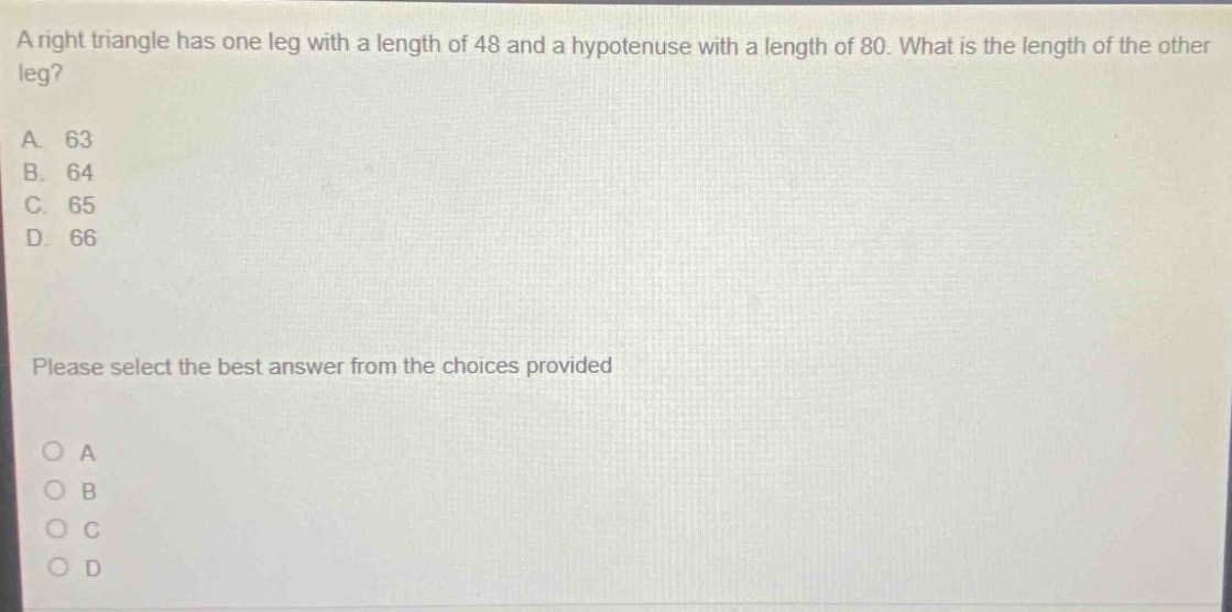 a right triangle has one leg with a length of 48 and a hypotenuse with …
