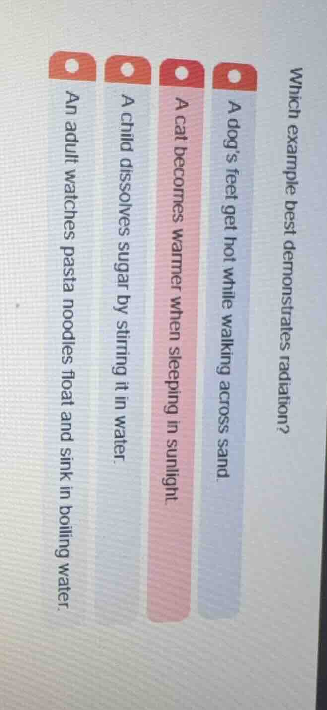 which example best demonstrates radiation? a dogs feet get hot while wa…