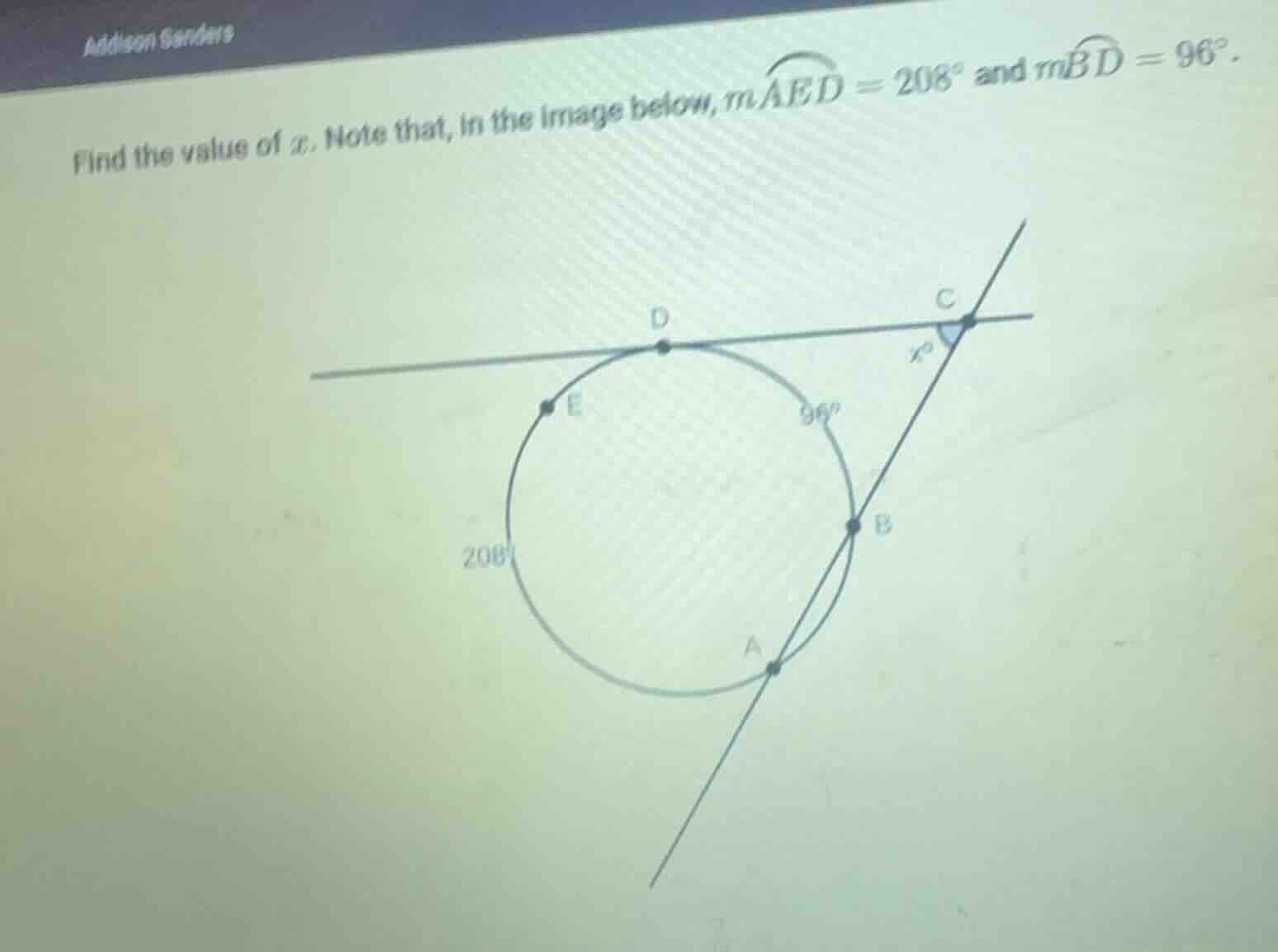 find the value of ( x ). note that, in the image below, ( moverarc{aed}…