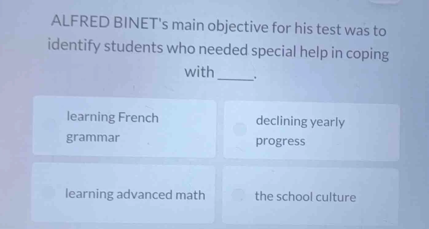 alfred binets main objective for his test was to identify students who …