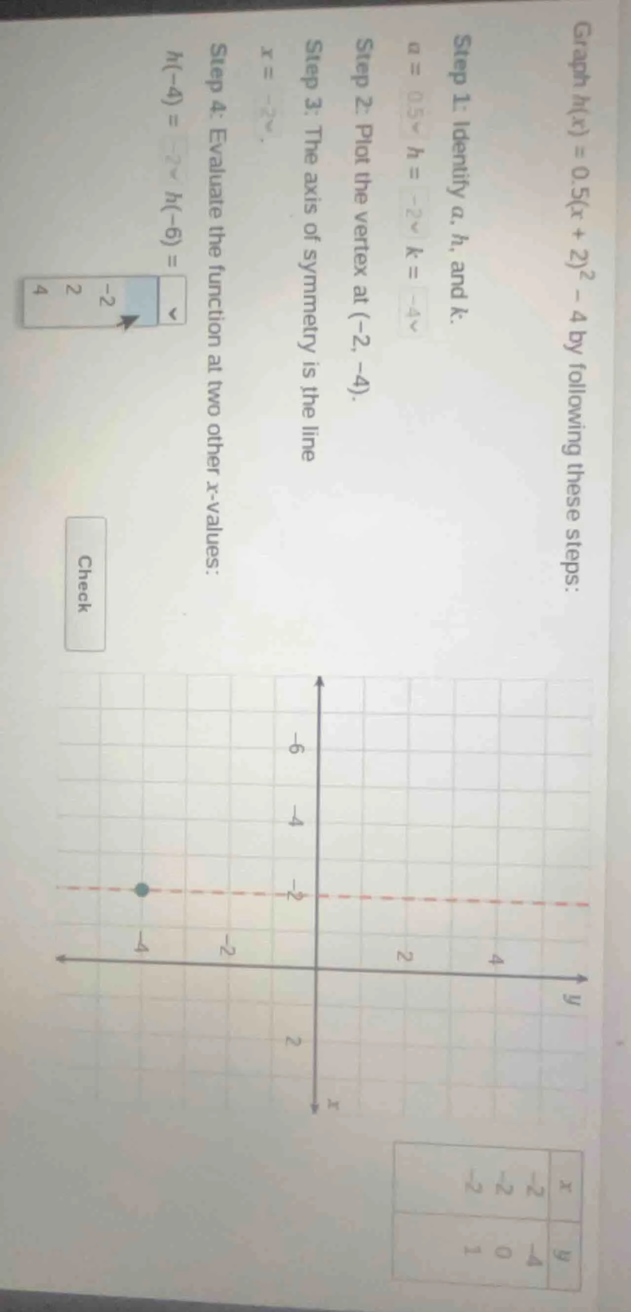 graph ( h(x) = 0.5(x + 2)^2 - 4 ) by following these steps: step 1: ide…