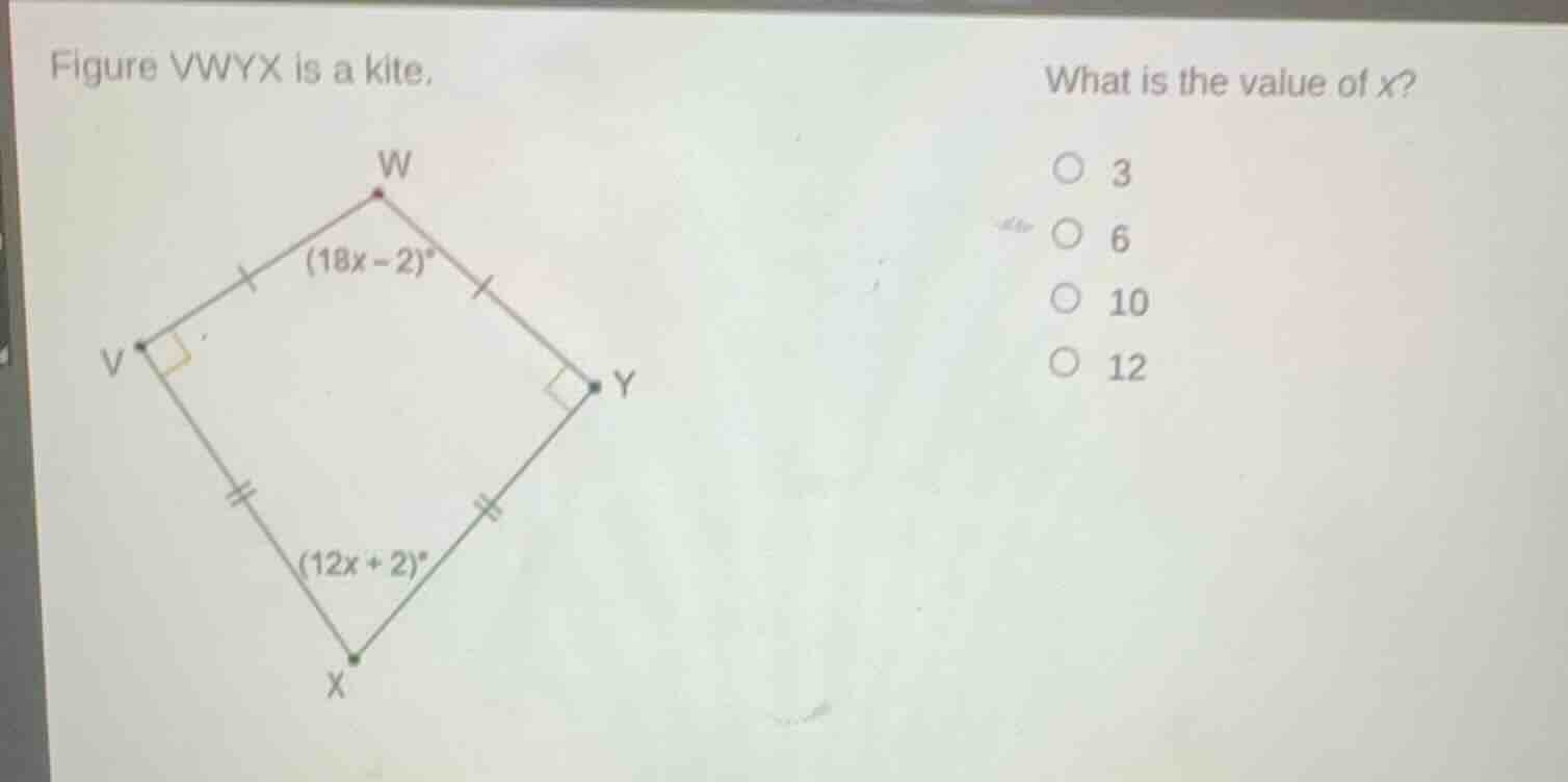 figure vwyx is a kite. what is the value of x? (18x - 2)° (12x + 2)° op…