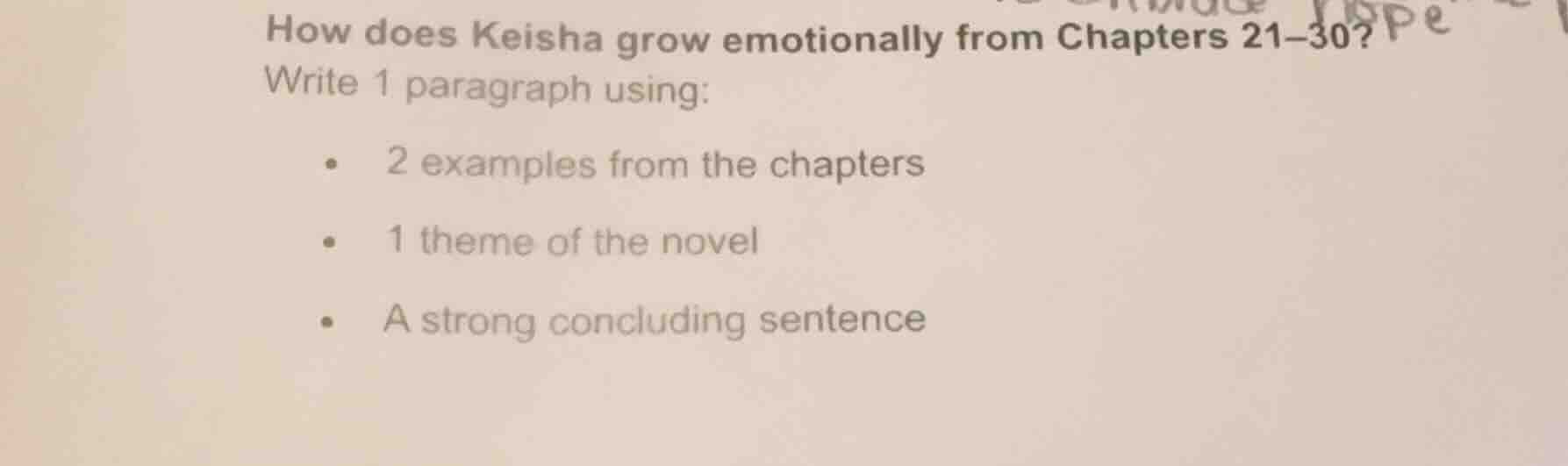 how does keisha grow emotionally from chapters 21–30? write 1 paragraph…