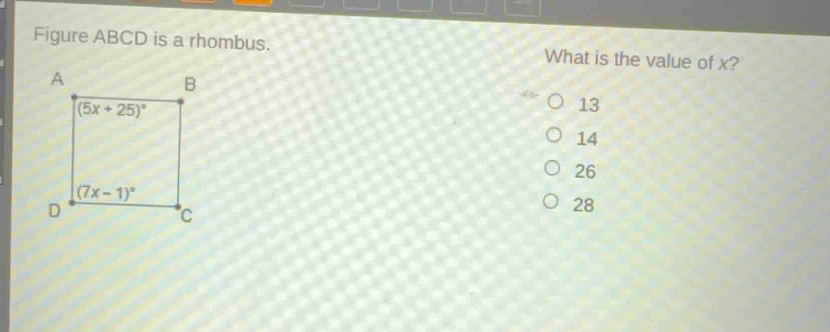 figure abcd is a rhombus. what is the value of x? a, b, d, c are vertic…