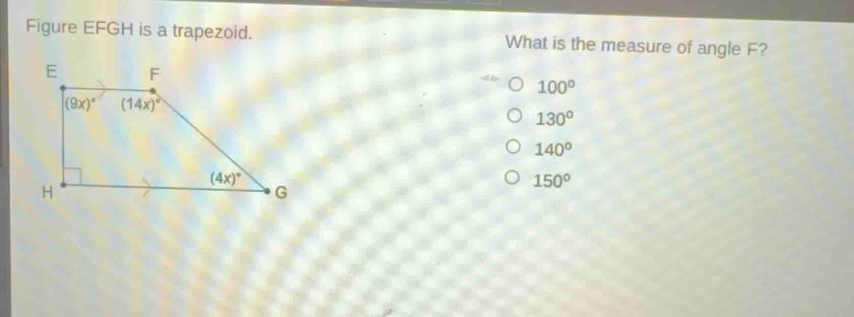 figure efgh is a trapezoid. what is the measure of angle f? \\(\\bigcir…