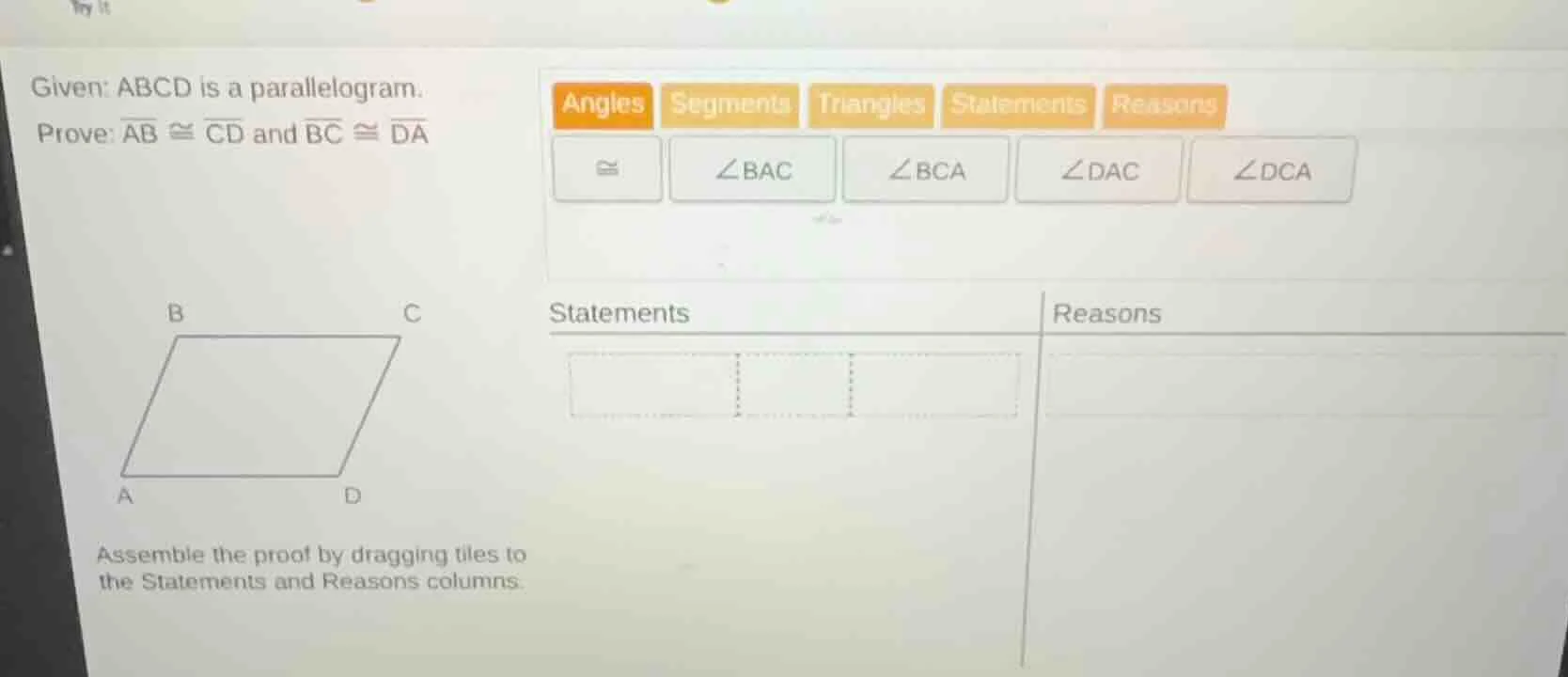 given: abcd is a parallelogram. prove: \\(\\overline{ab} \\cong \\overl…