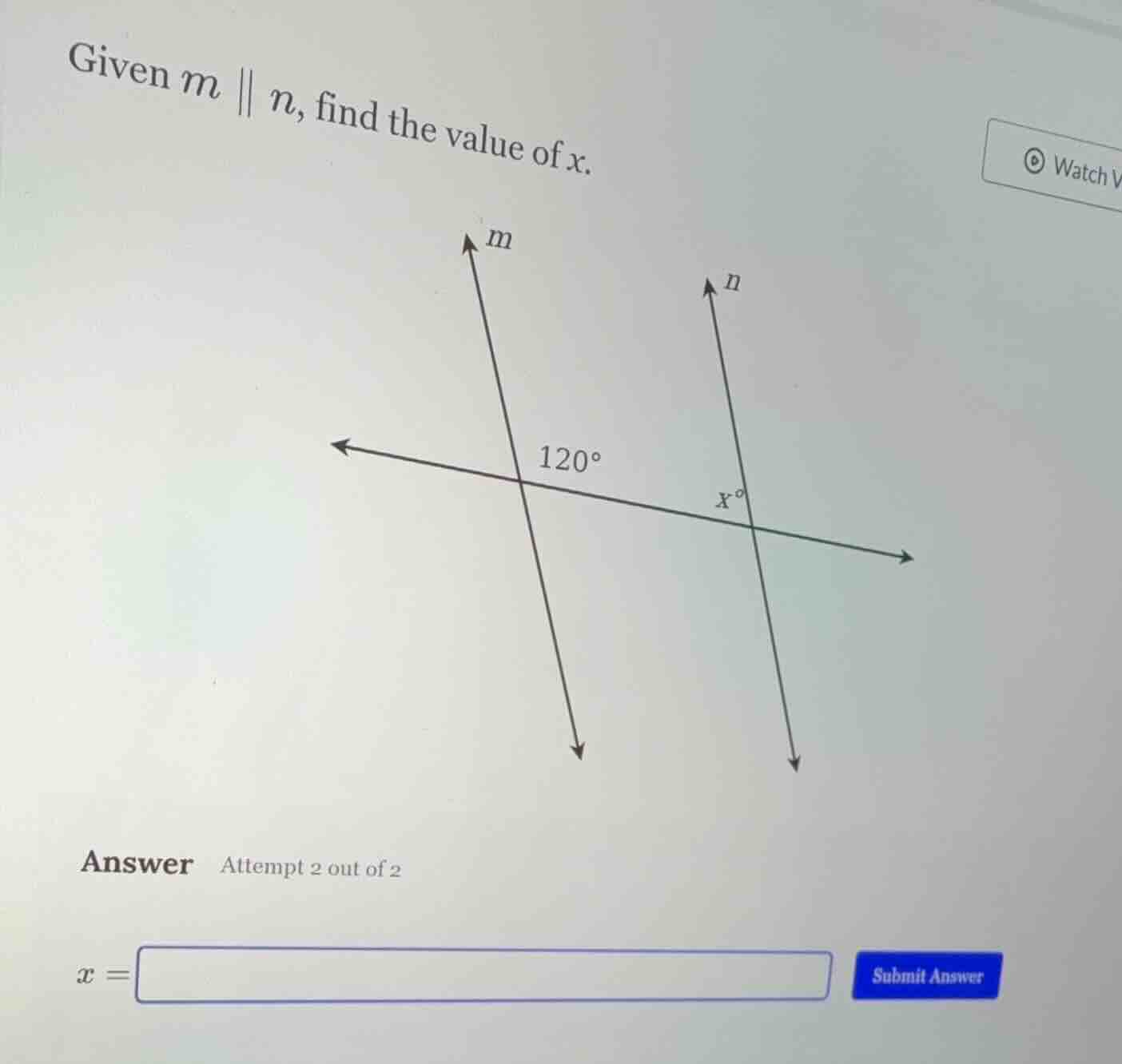 given ( m parallel n ), find the value of ( x ). answer attempt 2 out o…