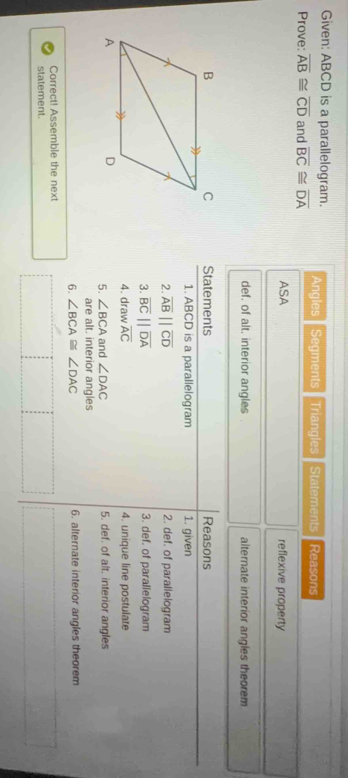 given: abcd is a parallelogram. prove: \\(\\overline{ab} \\cong \\overl…