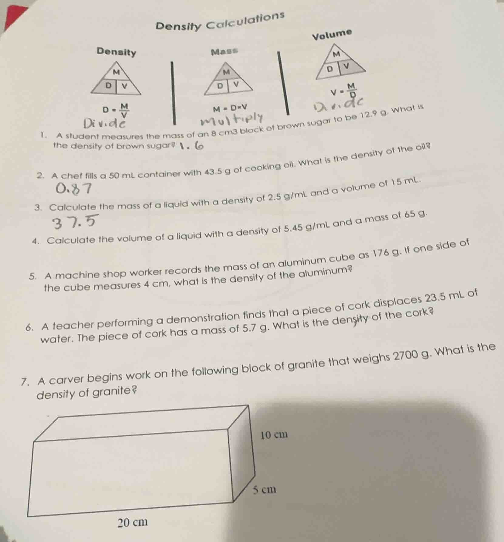 density calculations density m d v d = \\(\\frac{m}{v}\\) divide mass m…