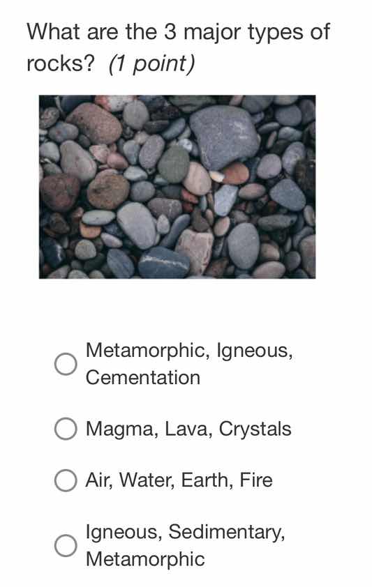 what are the 3 major types of rocks? (1 point)metamorphic, igneous, cem…