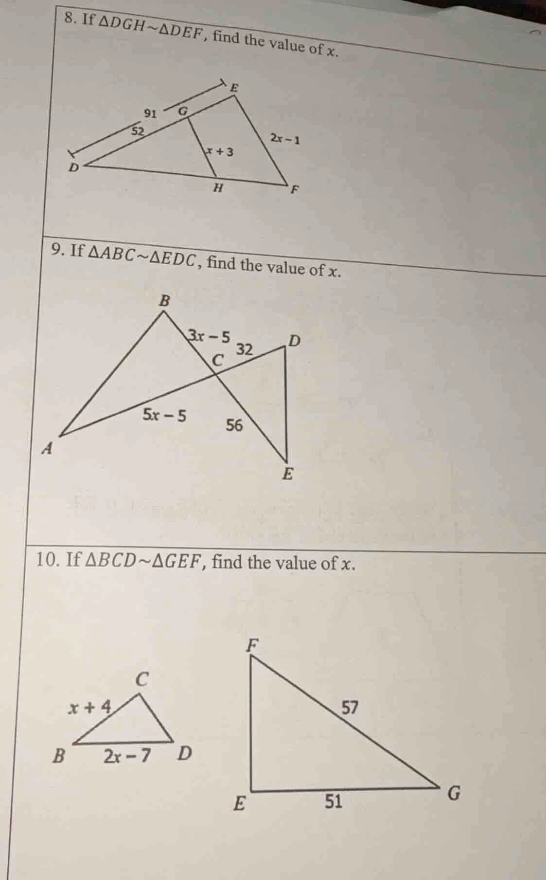 8. if $\\triangle dgh\\sim\\triangle def$, find the value of $x$. 9. if…