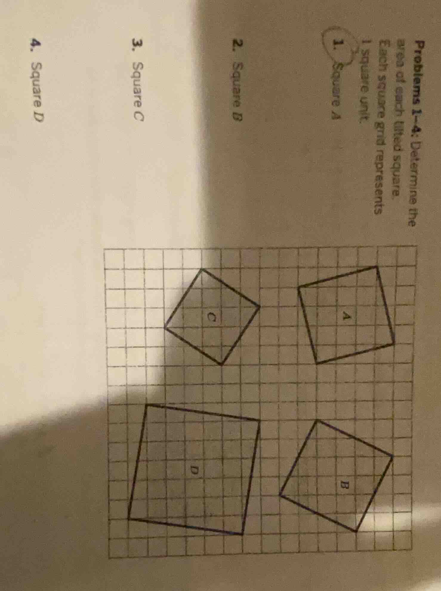 problems 1–4: determine the area of each tilted square. each square gri…