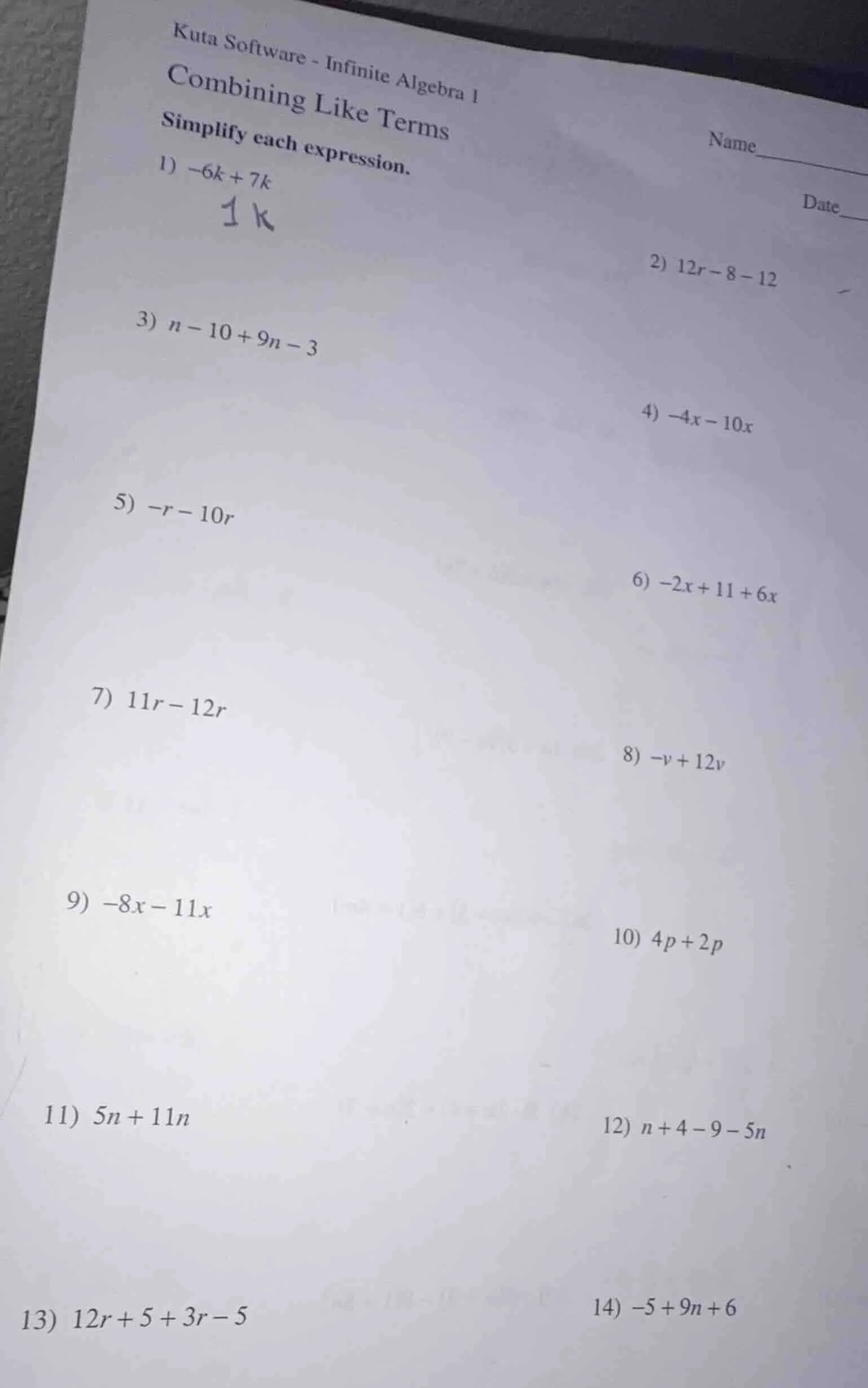 kuta software - infinite algebra 1 combining like terms name date simpl…