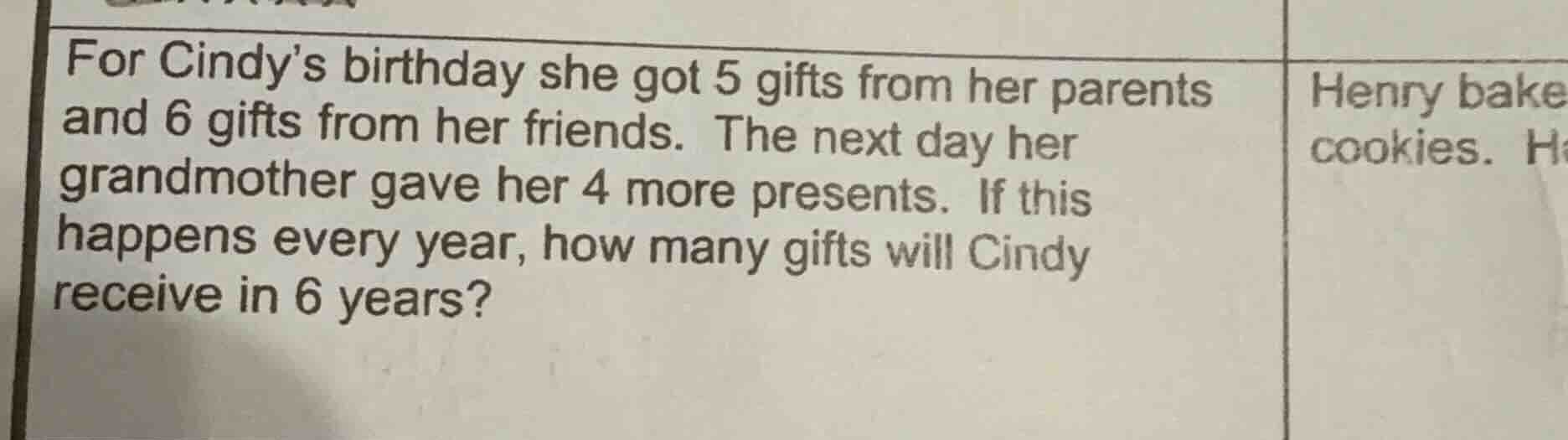 for cindys birthday she got 5 gifts from her parents and 6 gifts from h…