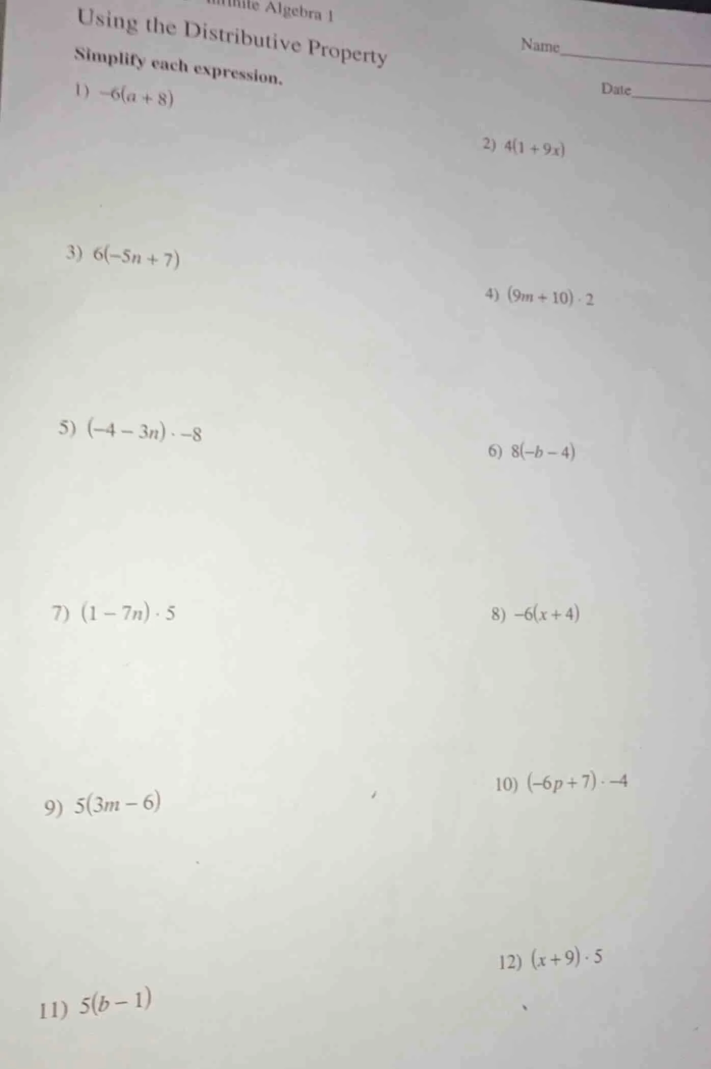 algebra 1 using the distributive property simplify each expression. 1) …