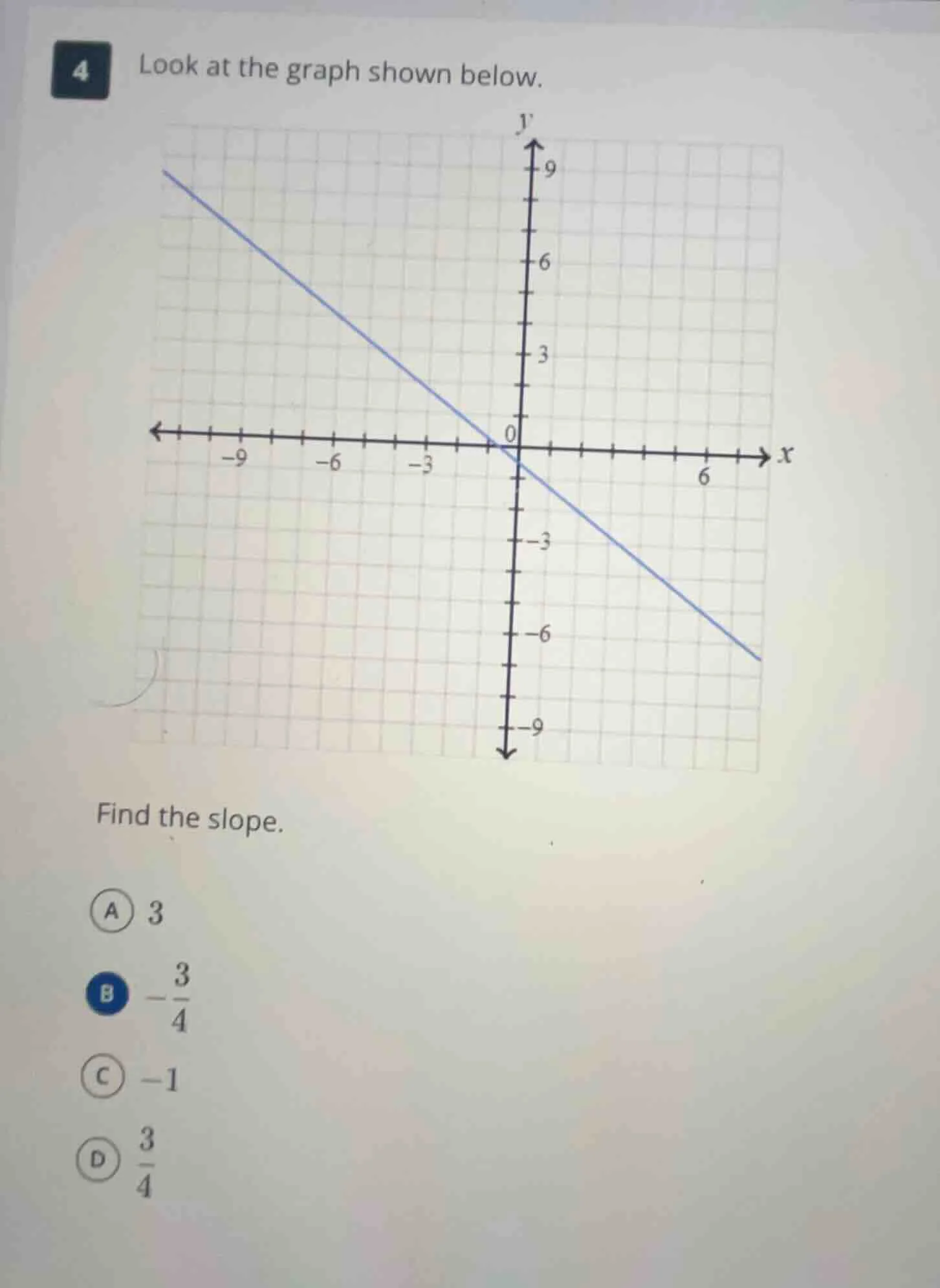 4 look at the graph shown below. find the slope. a 3 b $-\frac{3}{4}$ c…