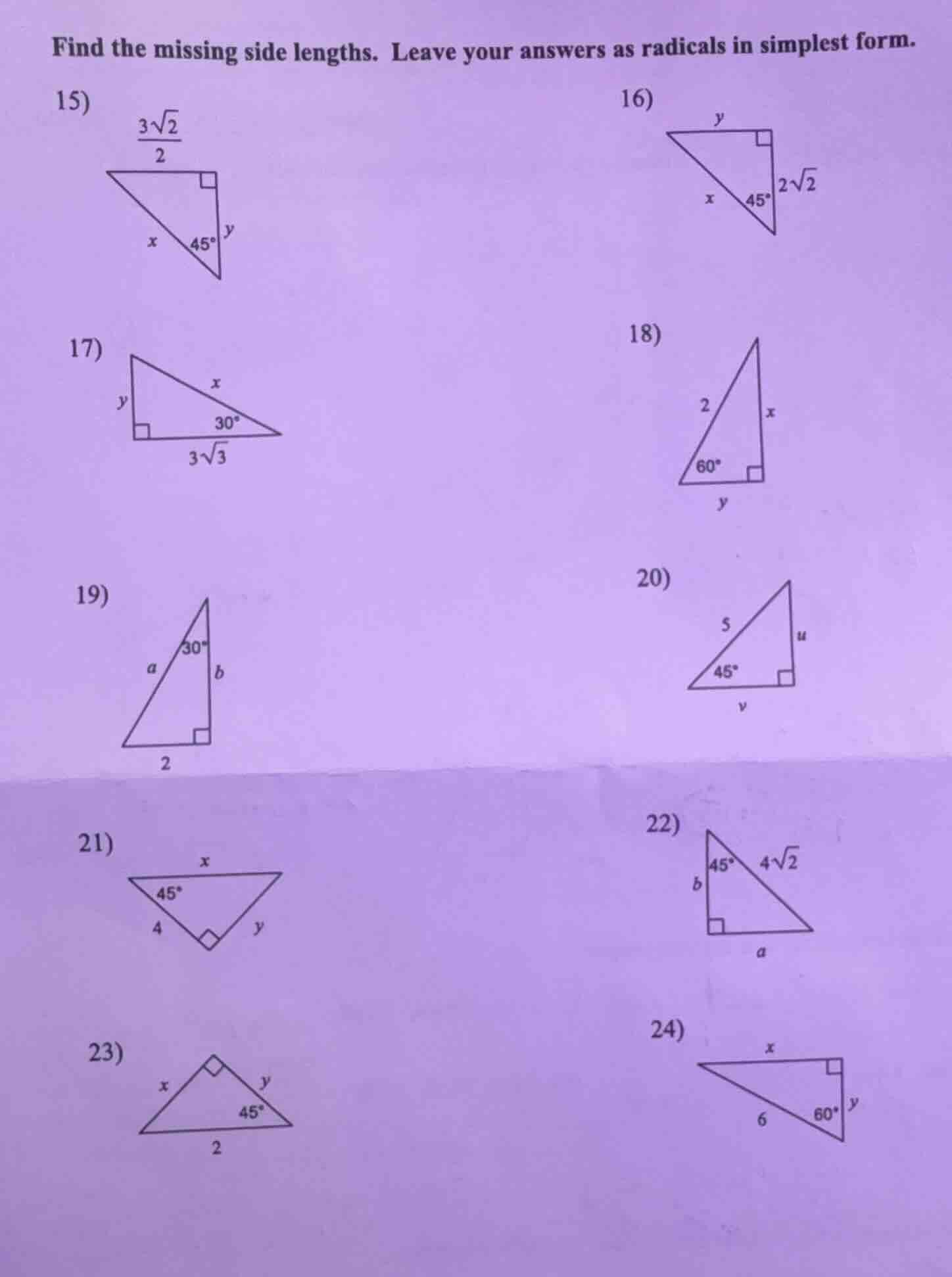find the missing side lengths. leave your answers as radicals in simple…