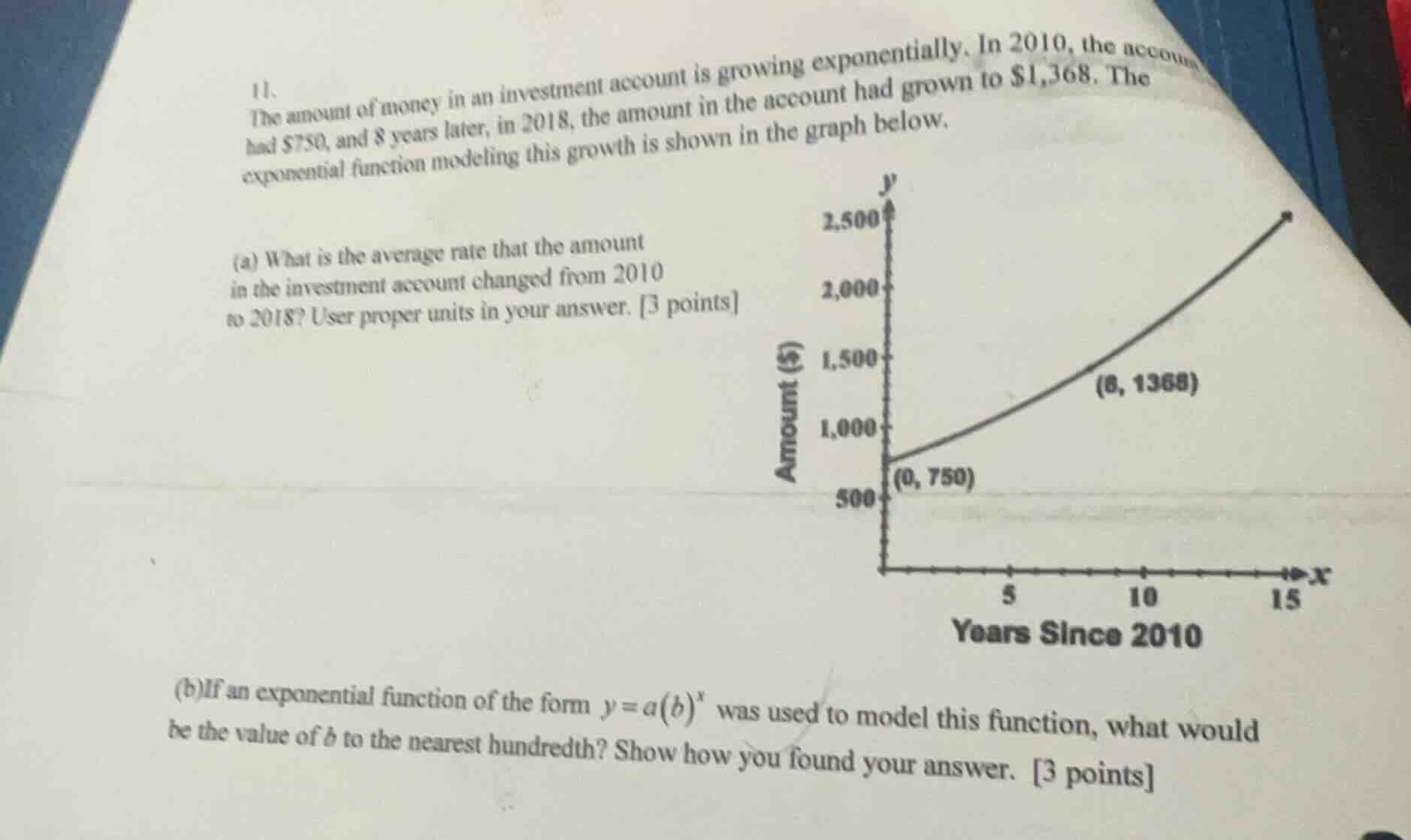 11. the amount of money in an investment account is growing exponential…