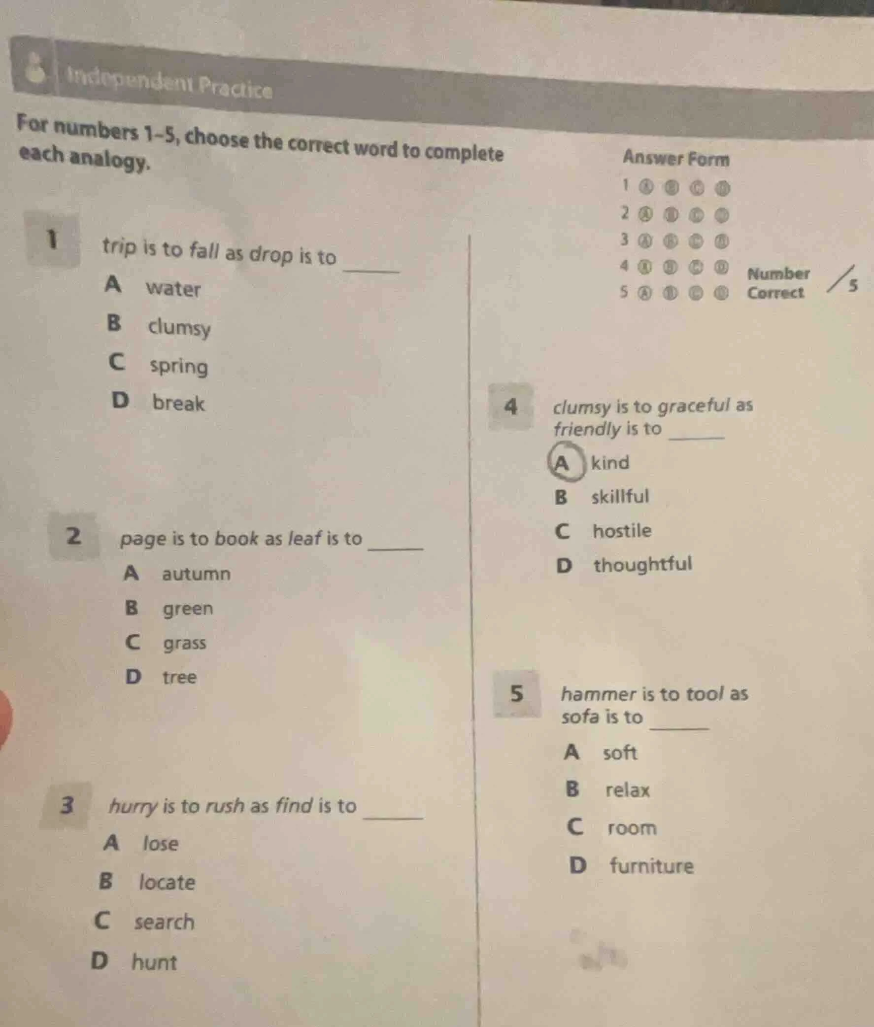 independent practice for numbers 1-5, choose the correct word to comple…