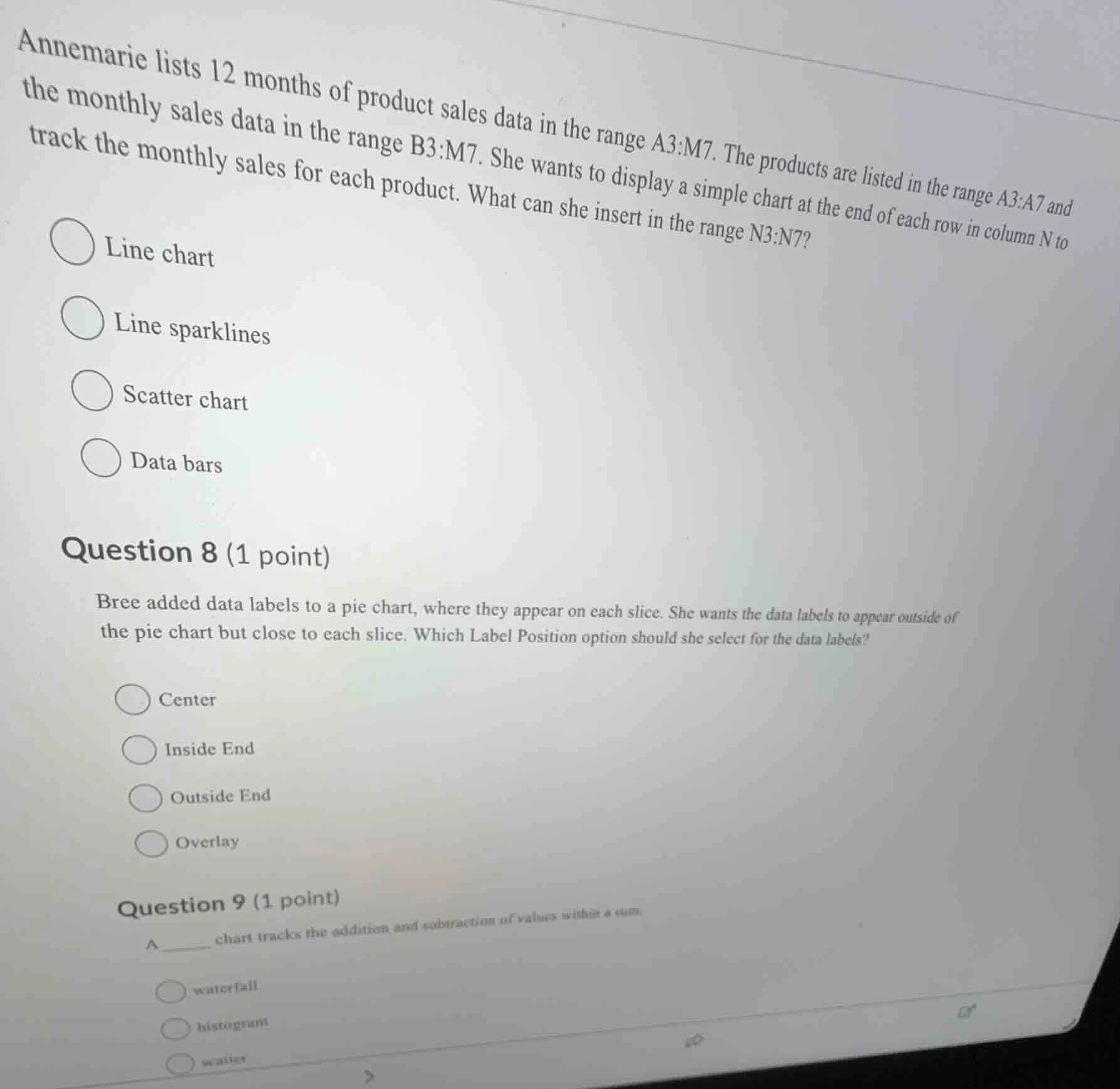 annemarie lists 12 months of product sales data in the range a3:m7. the…