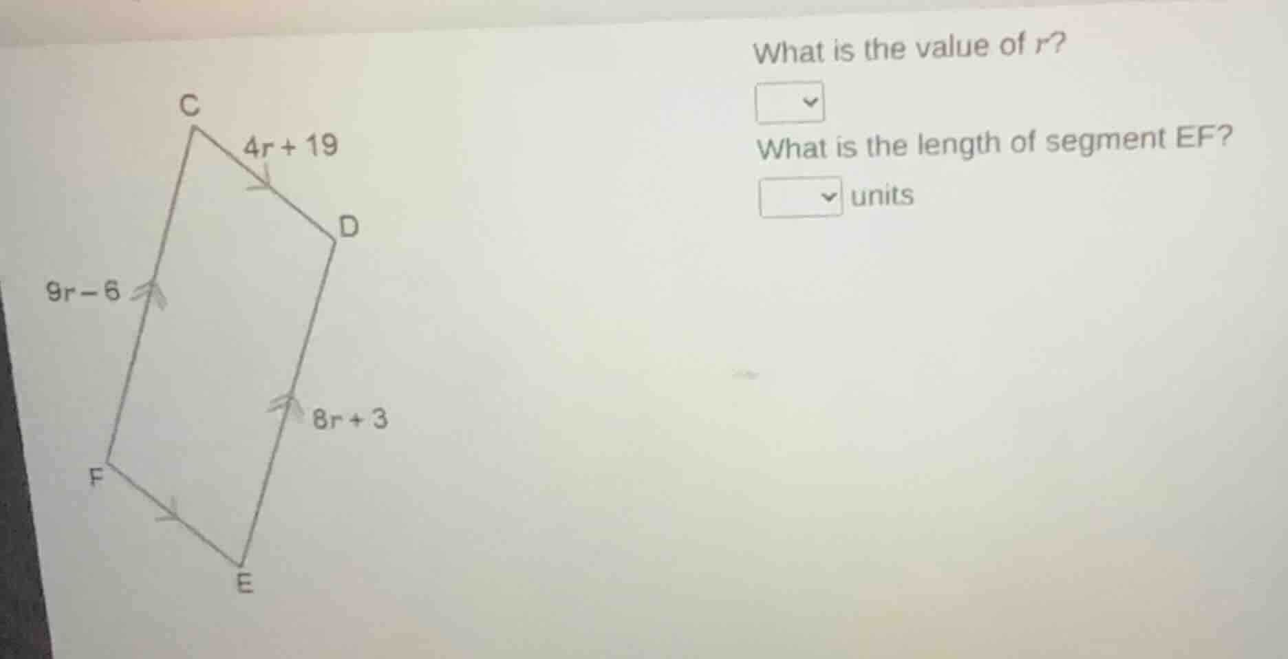 what is the value of r? what is the length of segment ef? units