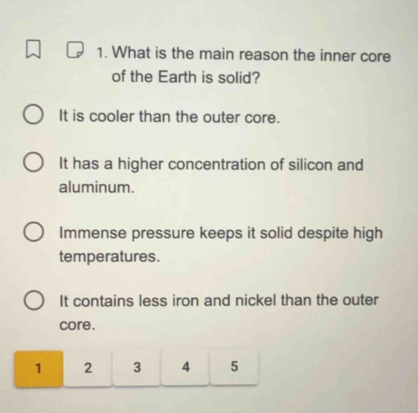 1. what is the main reason the inner core of the earth is solid? it is …